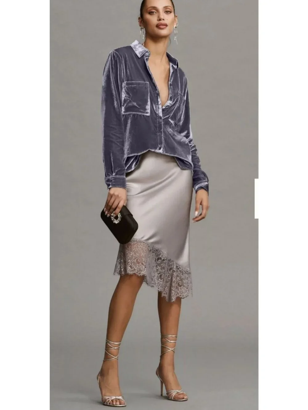 Anthropologie Pilcro XL Gray Crushed Velvet shirt top button front Paisley flip